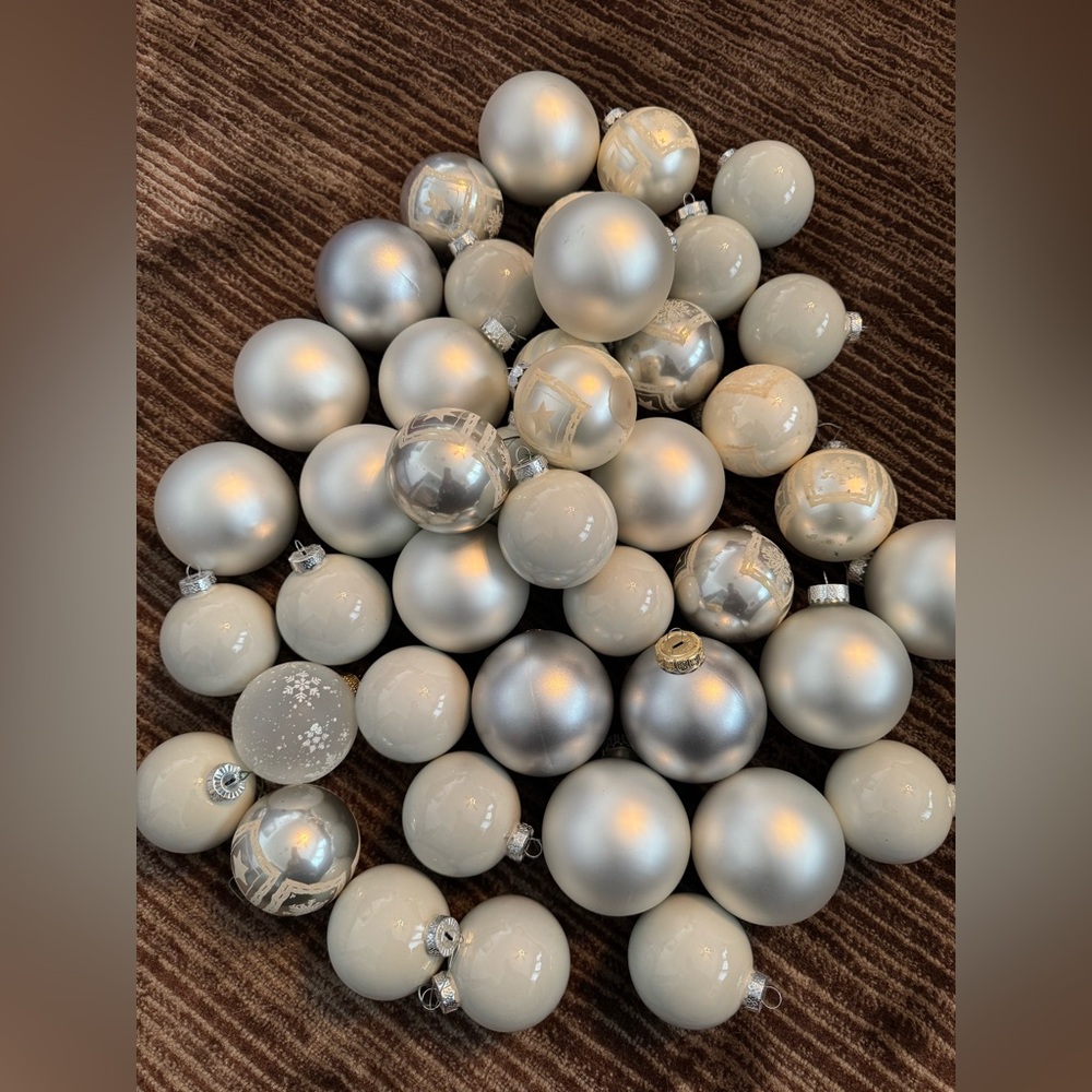 Vtg lot of 43 Elegant Silver and Cream Holiday Ornaments